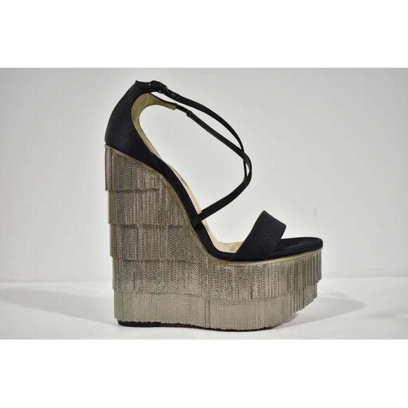 Christian Louboutin Foxtrottissima 160 Black Chain Wedge Sandal Heel Pump 37 - Picture 2 of 12